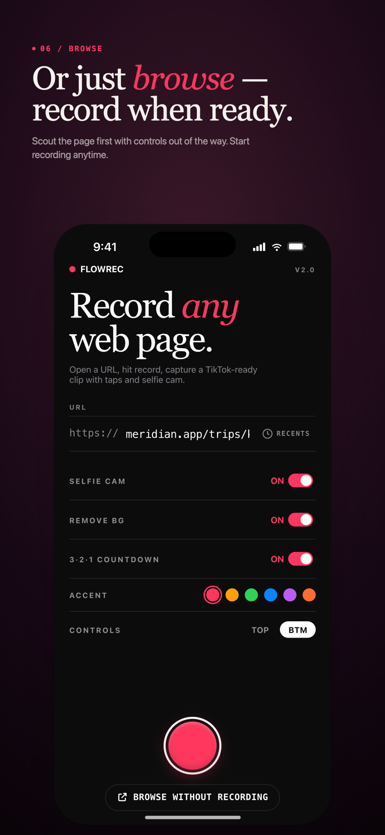 Or just browse — scout the page first, then start recording when ready.