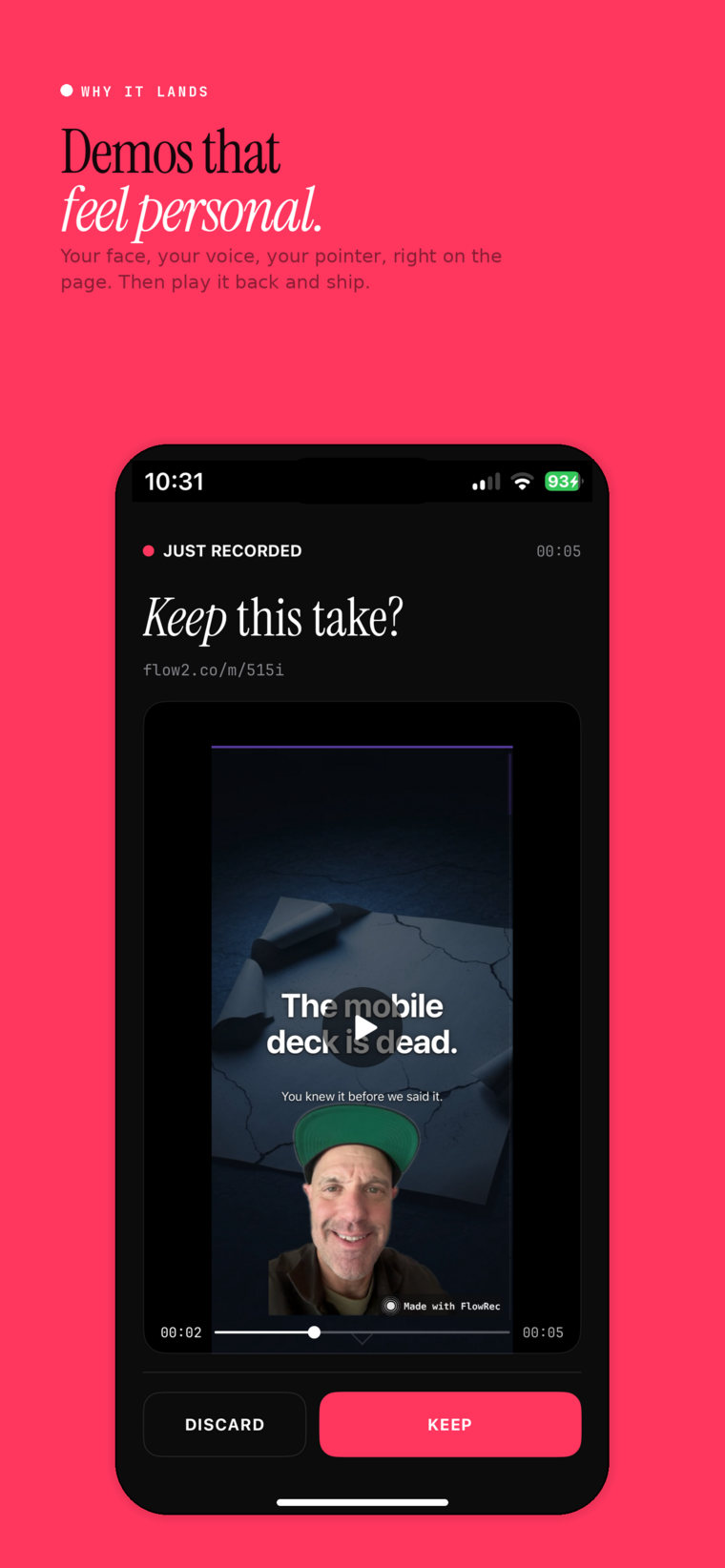Demos that feel personal — your face, voice, and pointer right on the page, then play it back and ship.