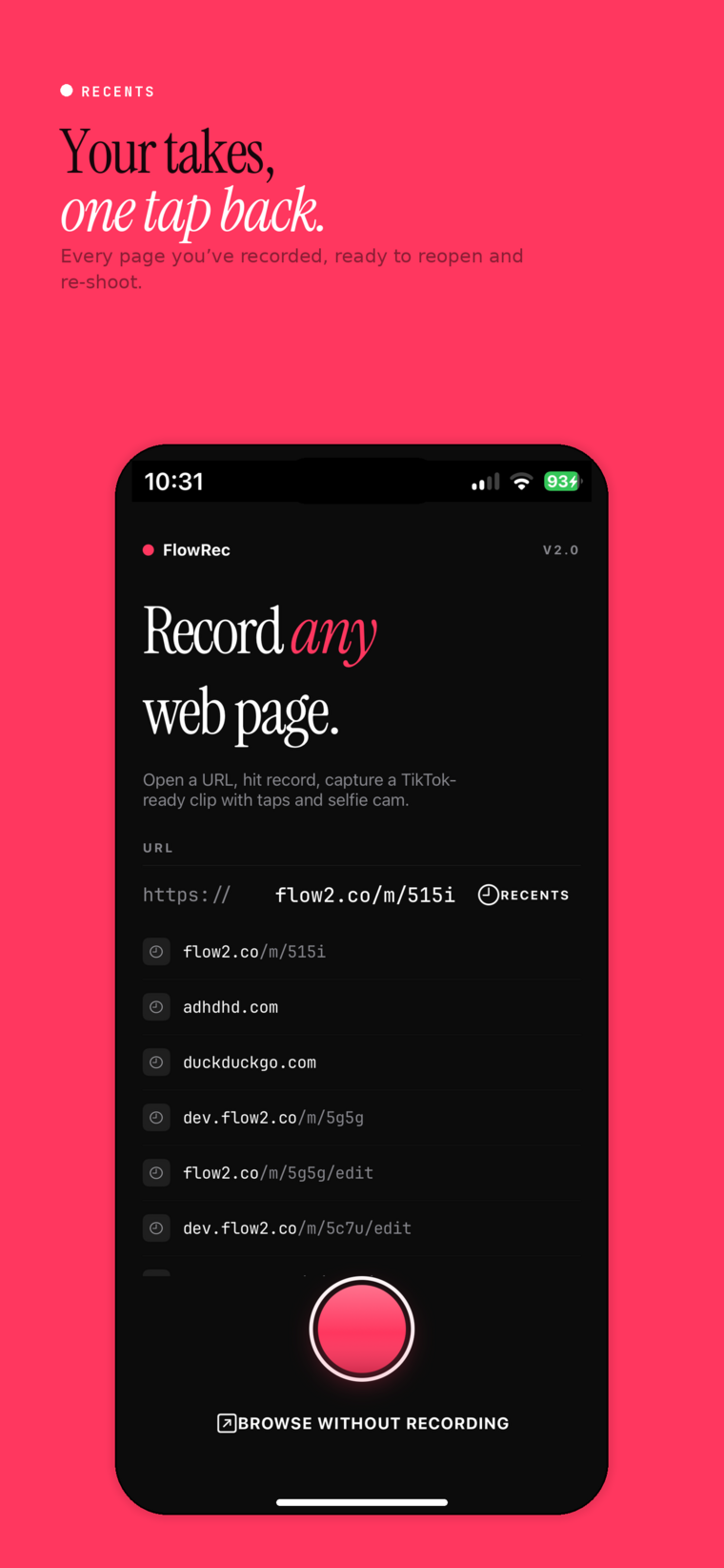 Your takes, one tap back — every page you've recorded, ready to reopen and re-shoot.